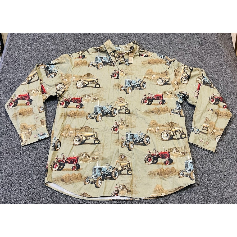 Bit & Bridle Tractor Print Button Down Shirt Mens Extra Large Olive Oxford NWT